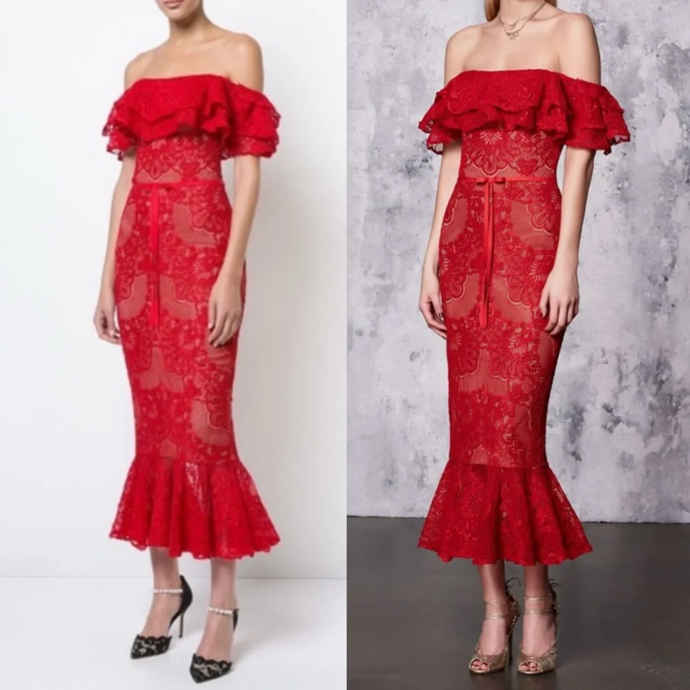 Marchesa Notte Red Laced Cocktail Dress in Size 0 - Picture 3 of 12